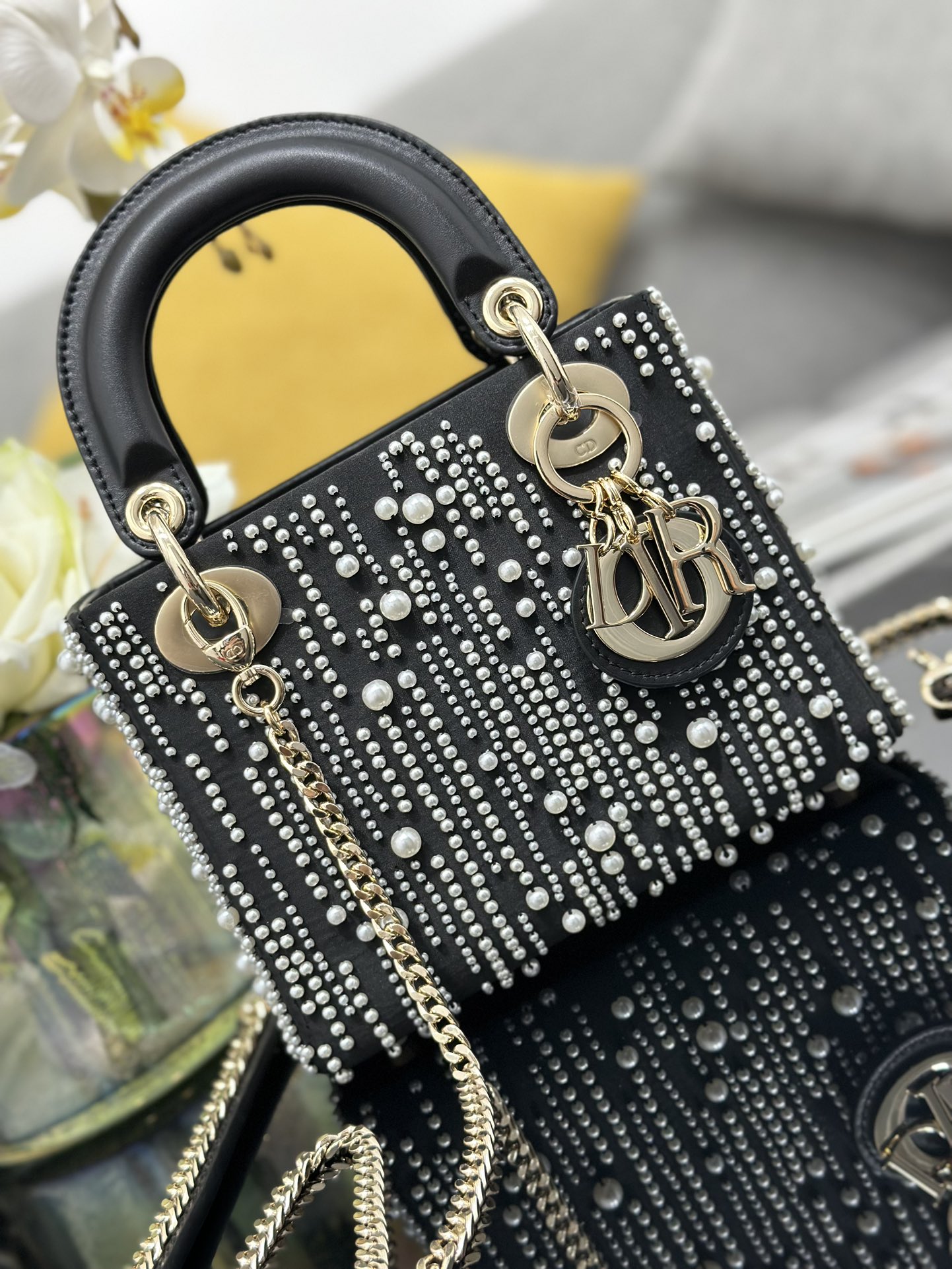 Mini Lady Dior Bag Black Satin Embroidered with White Resin Pearls